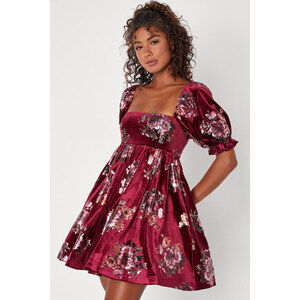 Adorably Darling Burgundy Floral Print Velvet Babydoll Dress